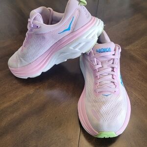 Hoka Women's Light Pink and Blue Cushioned Sneakers. Size 9B. Some wear on heels